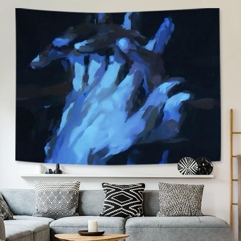 Blue Oil Painting Hands Tapestry Polyester Wall Art For Living Room Bedroom Dorm Decor Includes Free Installation Kit