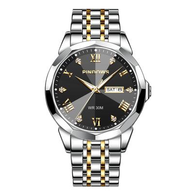 PINDOWS Luxury Business Dress Watch with Analog Quartz Water Luminous Date and Stainless Steel Band for a Classic Business Casual Style Men's