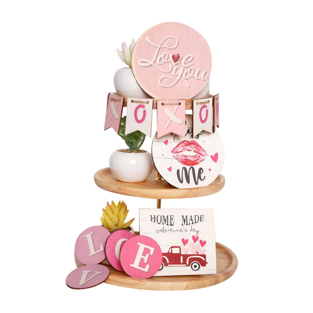 Valentine's Day Tiered Tray Decor Set Wooden Valentine Table Signs Love Heart Rustic Tiered Tray Decoration For Home Tabletop Kitchen Living Room Deco