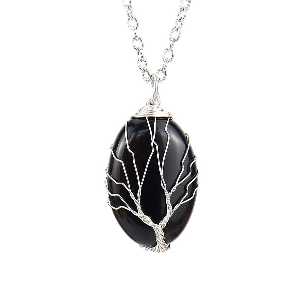 Natural Rough Crystal Amethyst Tiger Stone Oval Tree Of Life Pendant Necklace N643