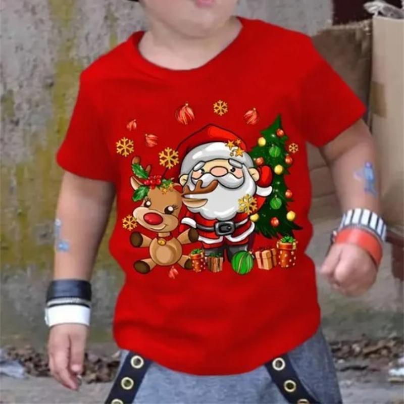 Children's Santa Claus Printed New Year T-Shirts Kids Unisex Comfortable Fashion Top Short Sleeve