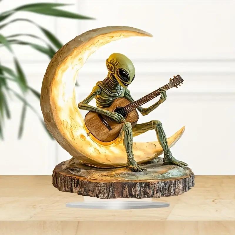 2D Acrylic Alien Playing Guitar On Moon Flat Ornament, Creative Space Sculpture Desktop Decorative Craft for Home Office Tabletop Display Art Gift