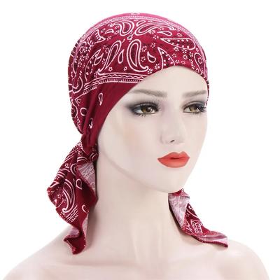 Dámský Muslimský Tištěný Předvázaný Hidžáb Čepice na Chemoterapii Vnitřní Čepice Elastické Čepice proti Rakovině Bandana Šátek na Ztrátu Vlasů Pokrývka Hlavy Šátek Turban