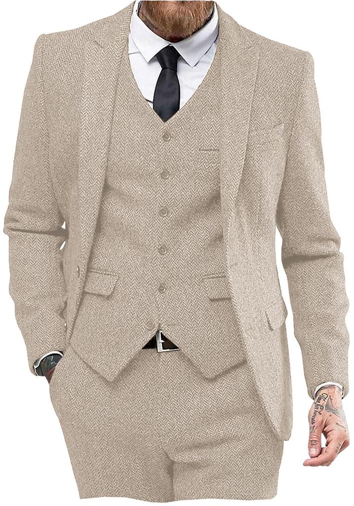 Men's Slim Fit Herringbone Three-Piece Suit for Business, Banquets, and Weddings