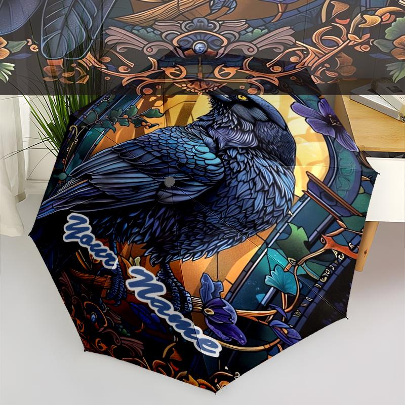 1PC Custom Name Elegant Raven Artwork Automatic Folding Umbrella Compact Travel Umbrella for Men & Women, Ideal Gift for Christmas, Birthdays, Hallowe