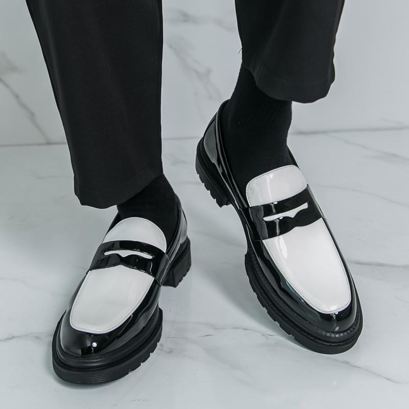 Ανδρικά Μοκασίνια Μαύρα Λευκά Πλατφόρμα Ύψους Δερμάτινα Παπούτσια Χοντρή Σόλα Επίσημα Επαγγελματικά Παπούτσια Γάμου Χορού Μεγάλο Μέγεθος