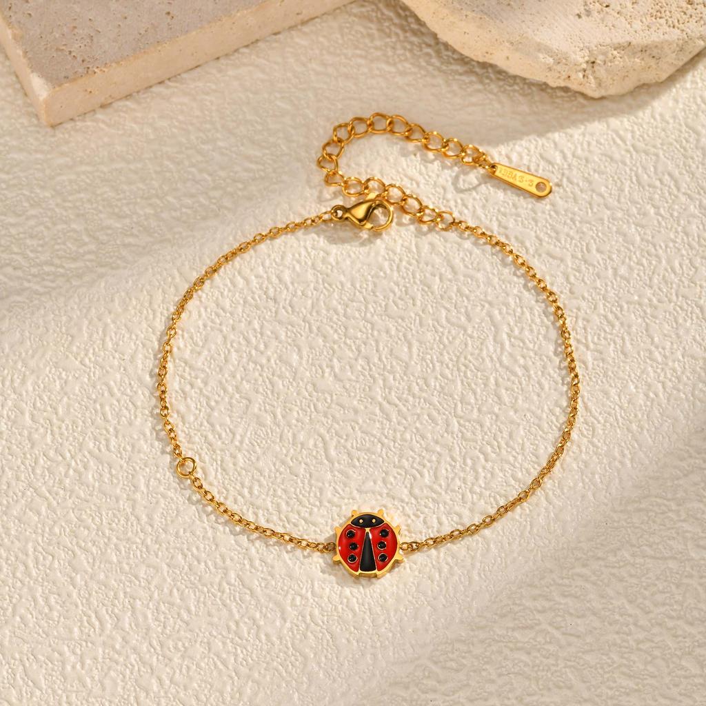 New Fashion Enamel Ladybird Charm Bracelet Women, Stainless Steel Thin Link Handmade Jewelry
