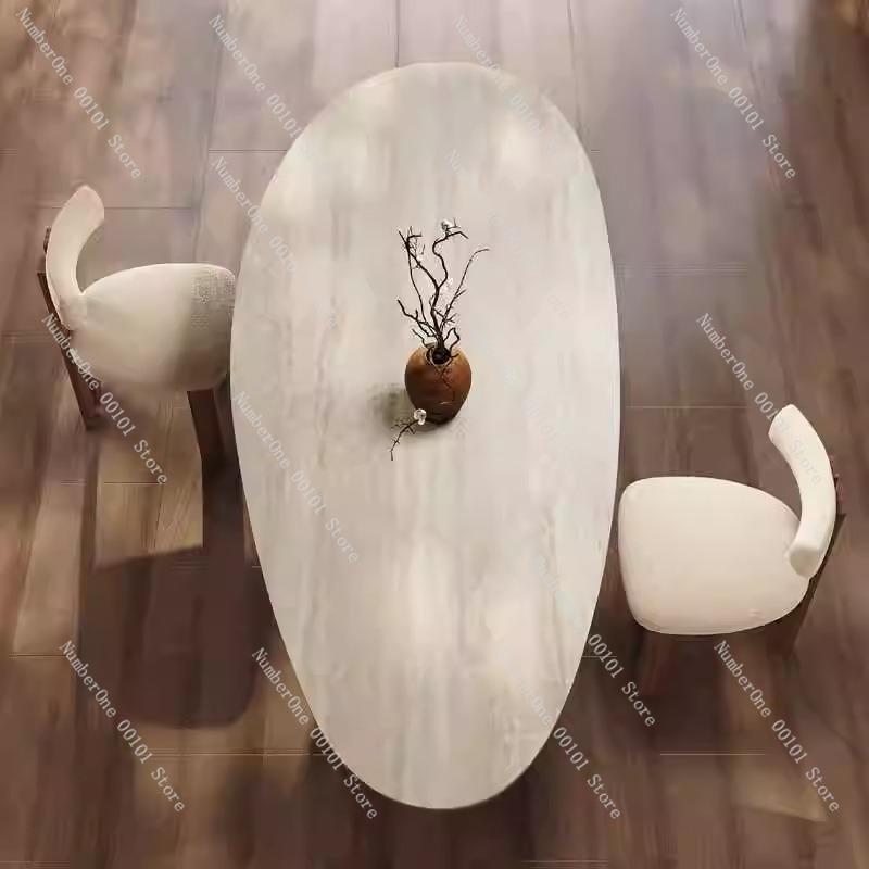 Elegant French Chinese-Style Dining Table, Off-White Travertine with Black Walnut Chairs, Designer Dining Set for Home or Office