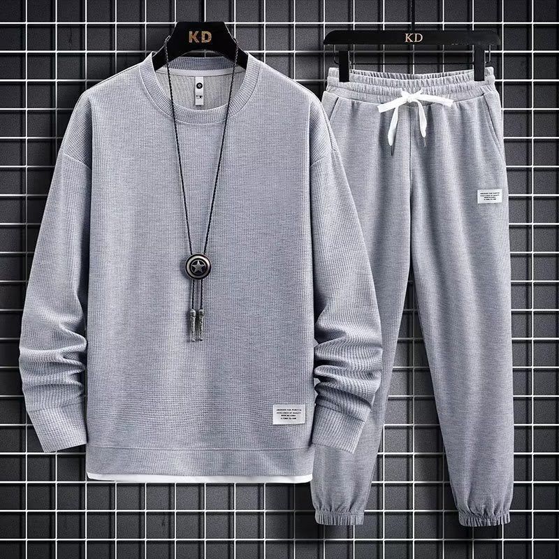 Sommer herre vaffelsett casual t-skjorte og buksesett herre sportsdress 2-pris sett ensfarget treningsdress løse dresser