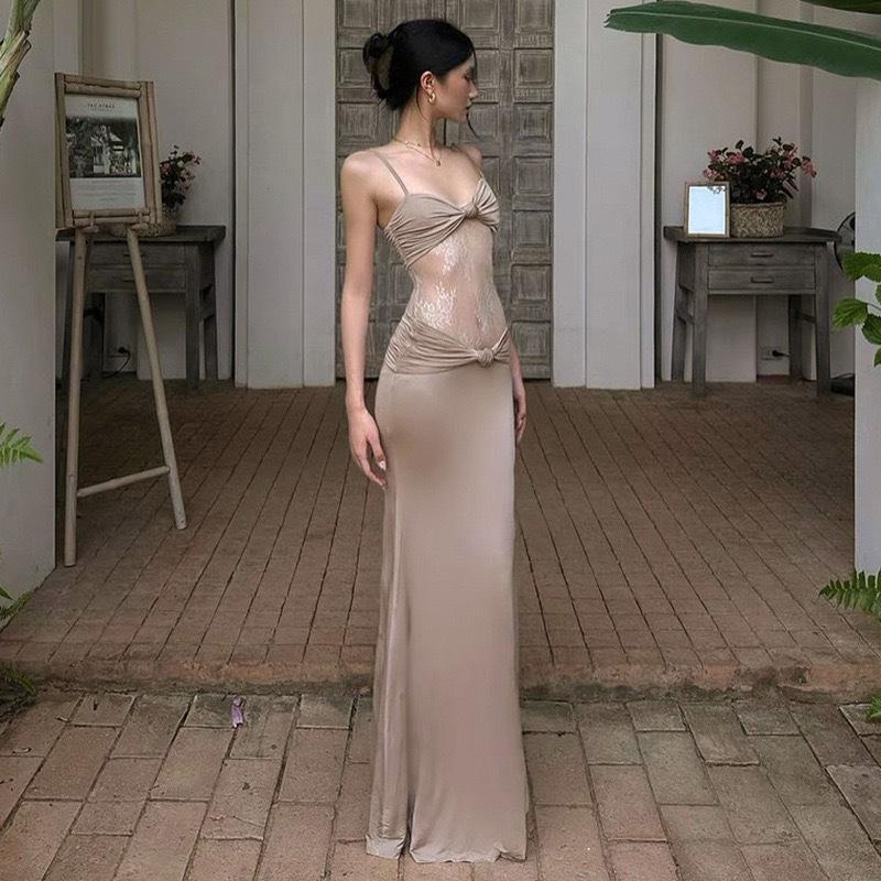 Nuevo Vestido de Verano con Tirantes Encaje Transparente Delgado Sexy Estilo Europeo y Americano