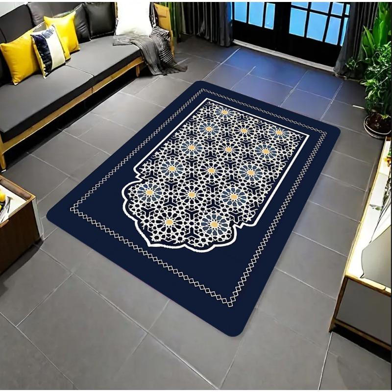Islamic Geometric Border Rug - Navy Blue with Gold Ornate Motif Non-Slip Large Area Mat for Luxe Cultural Decoration Fashion