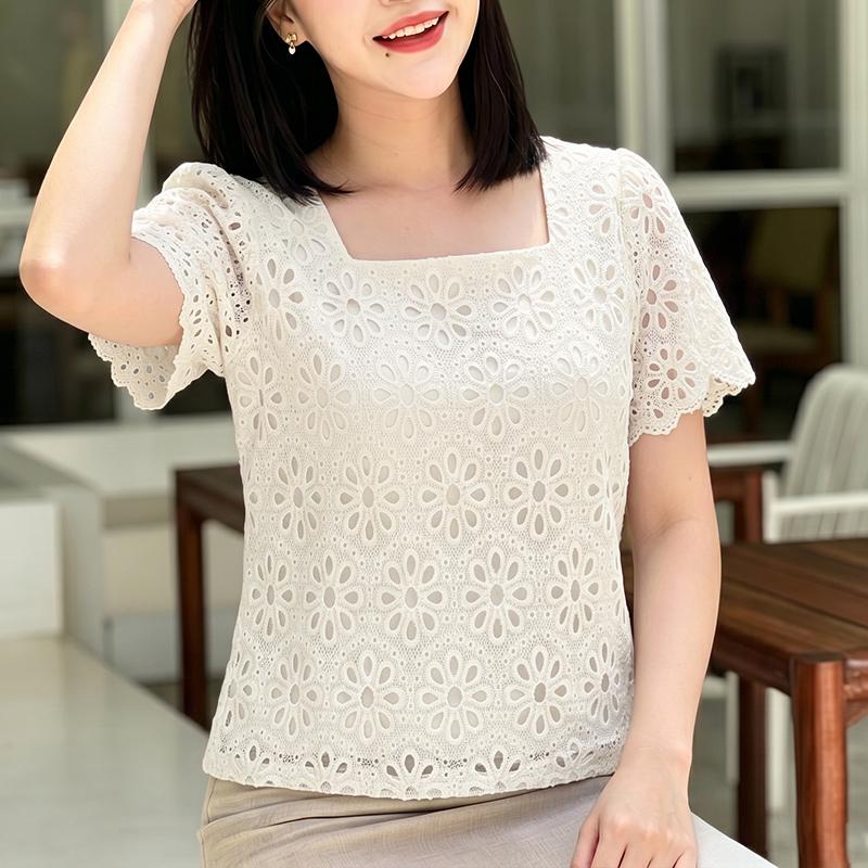 ZANZEA Women Casual Round Neck Half Sleeve Loose Lace Crochet Patchwork Blouse M абрикосовый