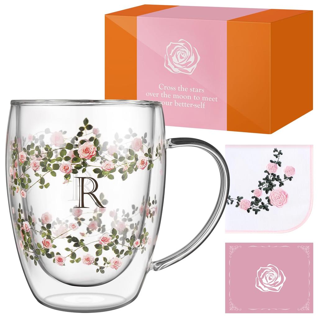 Coffee birthday gift for double wall glass name thermal handle stylish floral hand towel message card gift box anniversary retirement gift gift set