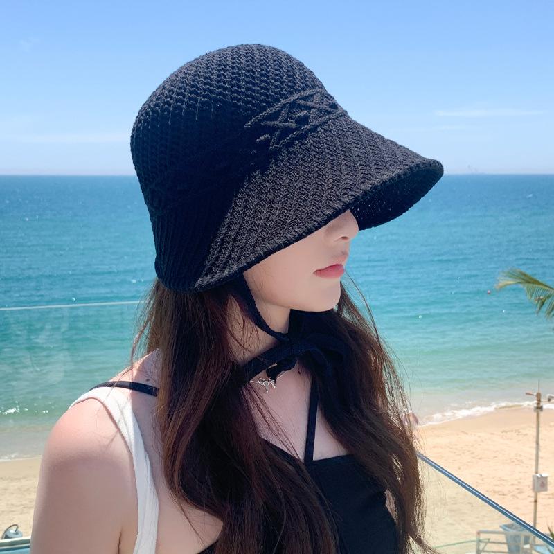 Versatile Tether Straw Hat Summer Sun Protection Hat Women's Outdoor Seaside Vacation Beach Hat Knitted Hollow Sun Hat Tide