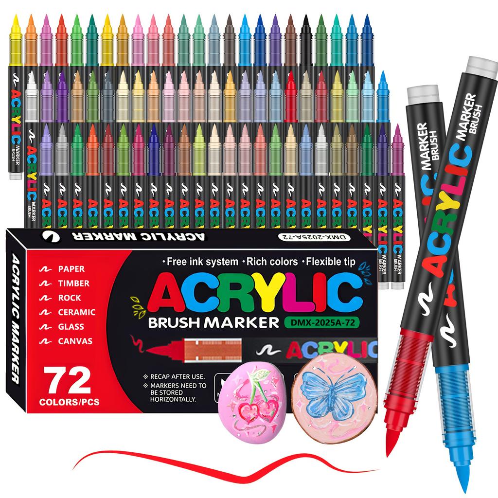 Acrylic Markers Brush Tip Paint Marker 12-72 Colors Acrylic Paint Pen for Rock Canvas Wood Ceramic Adult Coloring DIY Crafts