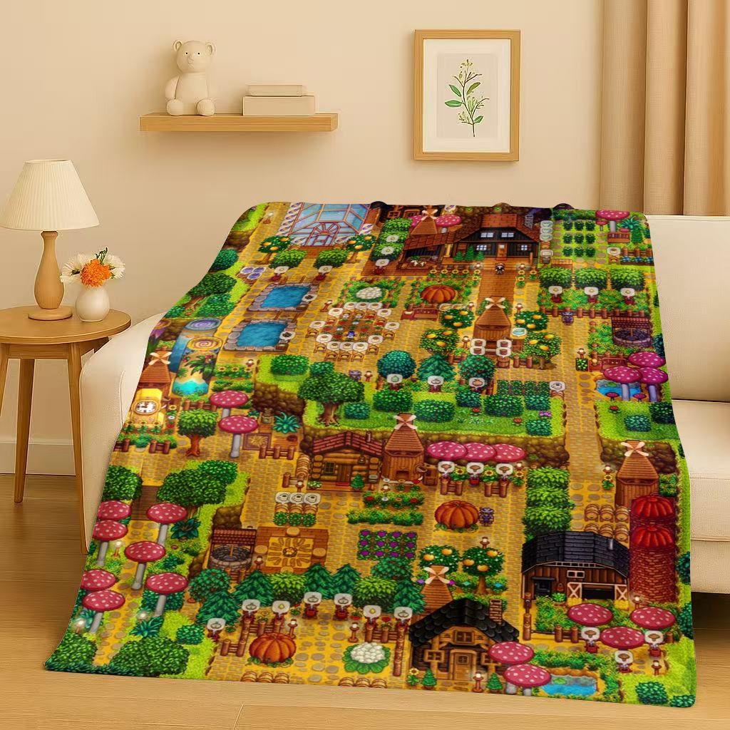 3D Retro Stardew Valley Farm Map Pixel Game Flannel Blanket,Ultra Soft Warm Plush Throw for Home Bedroom Bed Sofa Cover Kid Gift