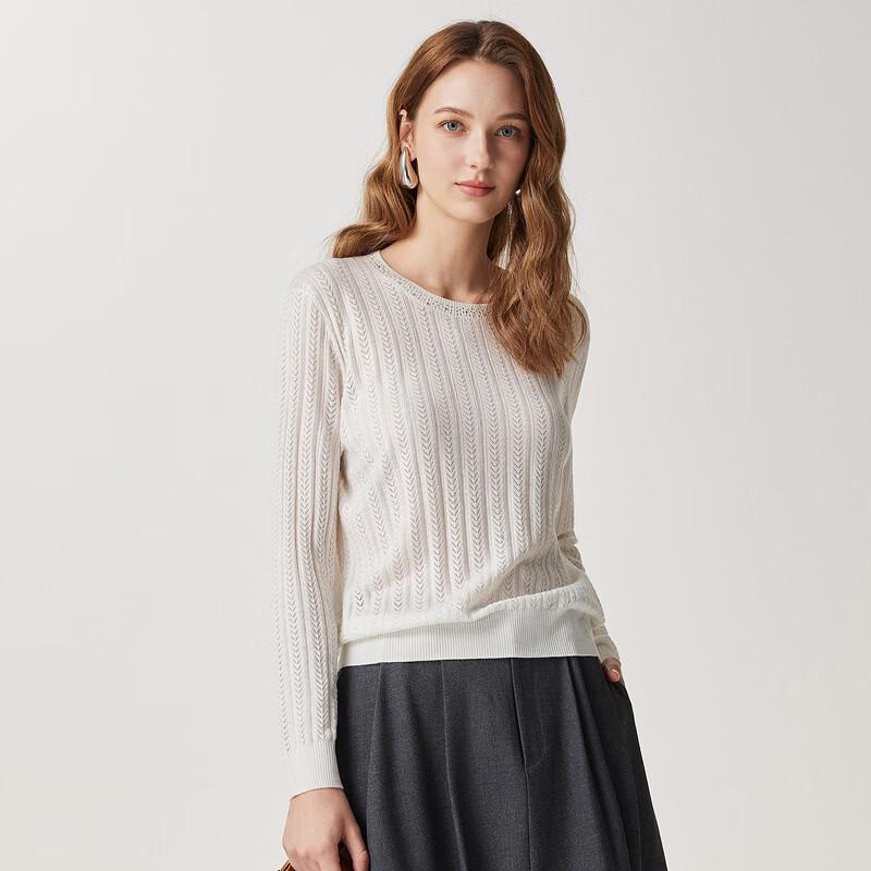 Zhaojun Women's Thin Wool Blend Hollow Knit Round Neck Top