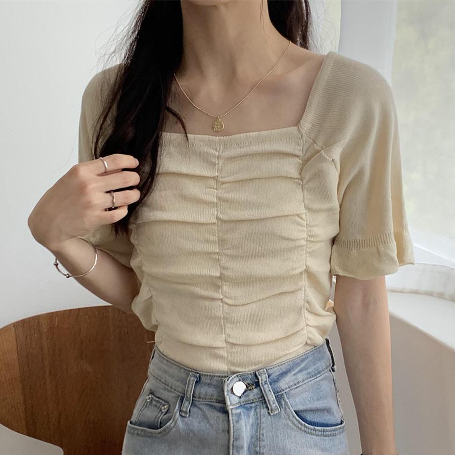 Summer Retro Short Top Dew Collarbone Slim Thin Short-sleeved Knit Shirt Female Casual Summer Essential Comfort and Style Slim Fit Pullovers Tees