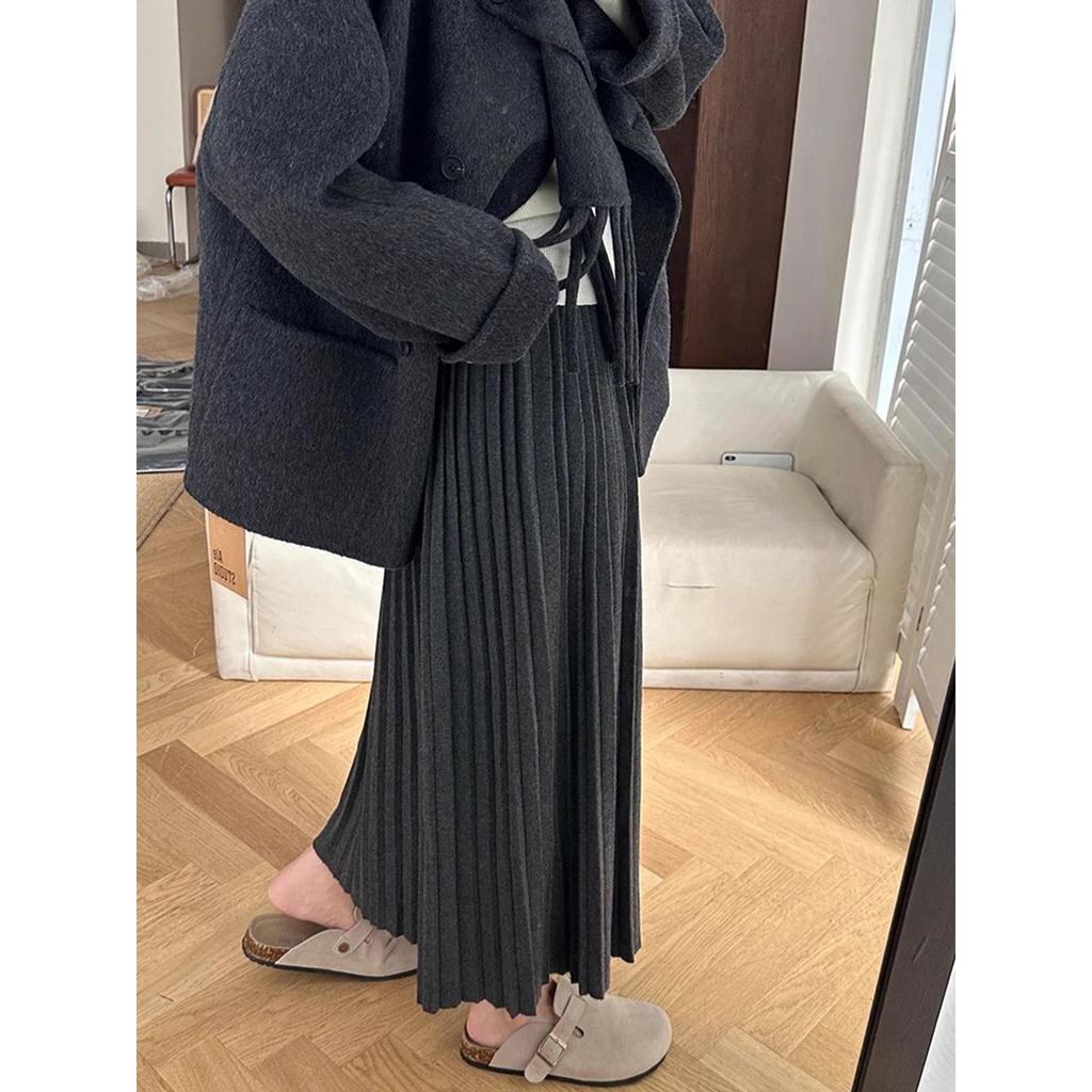Elegant High-Waisted A-Line Wool Skirt for Women 2025 Autumn/Winter - Slimming, Draped, Pleated Knit Style