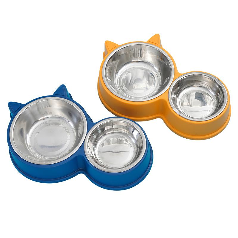 Cat-shaped Double-bowl Stainless Steel Tableware, Cat Basin Integrated Pet Bowl, Non-wet Mouth Feeding and Drinking for Dogs