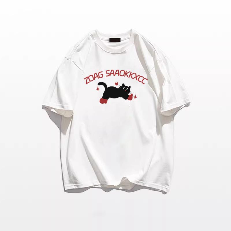Women's Plus Size Retro Cartoon Kitten Cotton T-Shirt, Summer 2025 Collection, Short Sleeve, Off-Shoulder, Loose Fit.