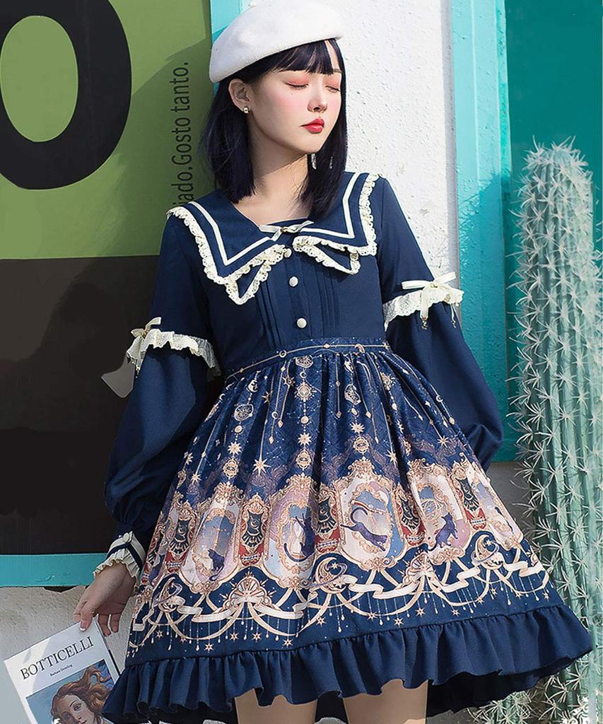 Milky Time Classic Lolita Dress, Long Sleeves, Cat Design, Sailor Collar, Navy, Cosplay Costume, Women's, Medium (Navy, M)