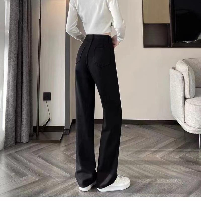 Women's High Waist Wide Leg Jeans Winter Thickened Fleece Lined  Loose Straight Long Pants Warm Casual Denim Pants