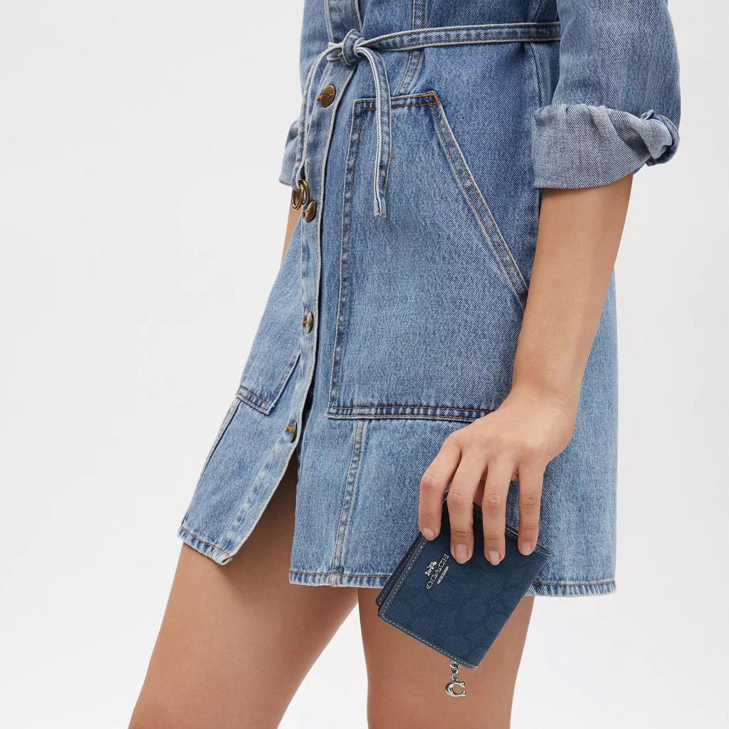 Coach Snap Wallet 11 Monogram Logo Button Closure Signature Jacquard Leather Fabric Wallet Women wallet Silver Dark-Denim CU401-SVPM1