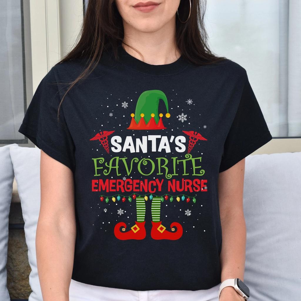 Santa's Favorite Emergency Nurse Christmas Unisex Shirt Black Dark Heather