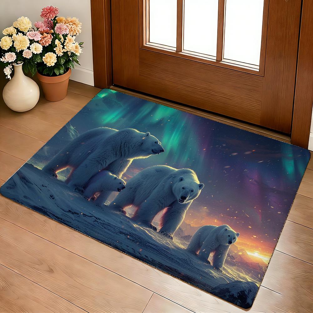 Polar Bear With Northern Lights Floor Mat Cozy Flannel Soft Thick Non-Slip Mat For Living Room Bedroom Kitchen Decor Rugs