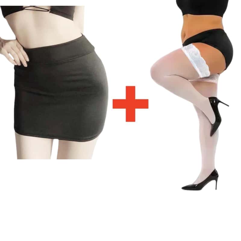 2PCS/SET Women High Waist Pencil Mini Skirts+Stockings Dress Set,Sexy Casual Wrap Hips Black Short Skirt and Pantyhose