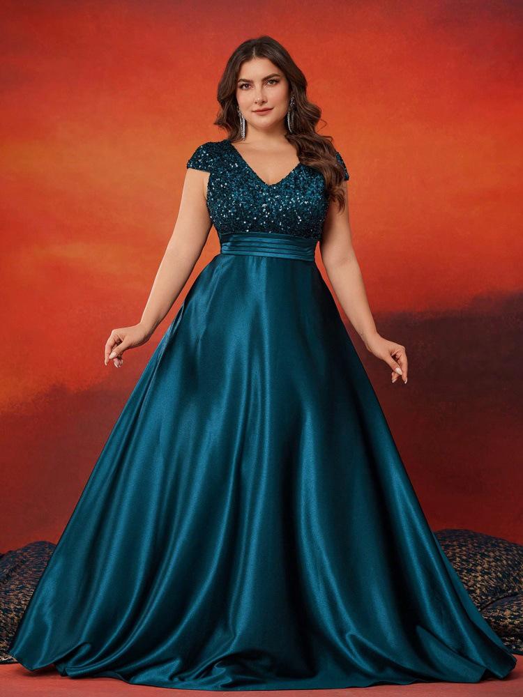Elegant V-Neck Sequin Evening Gown - Satin A-Line Long Dress for Women