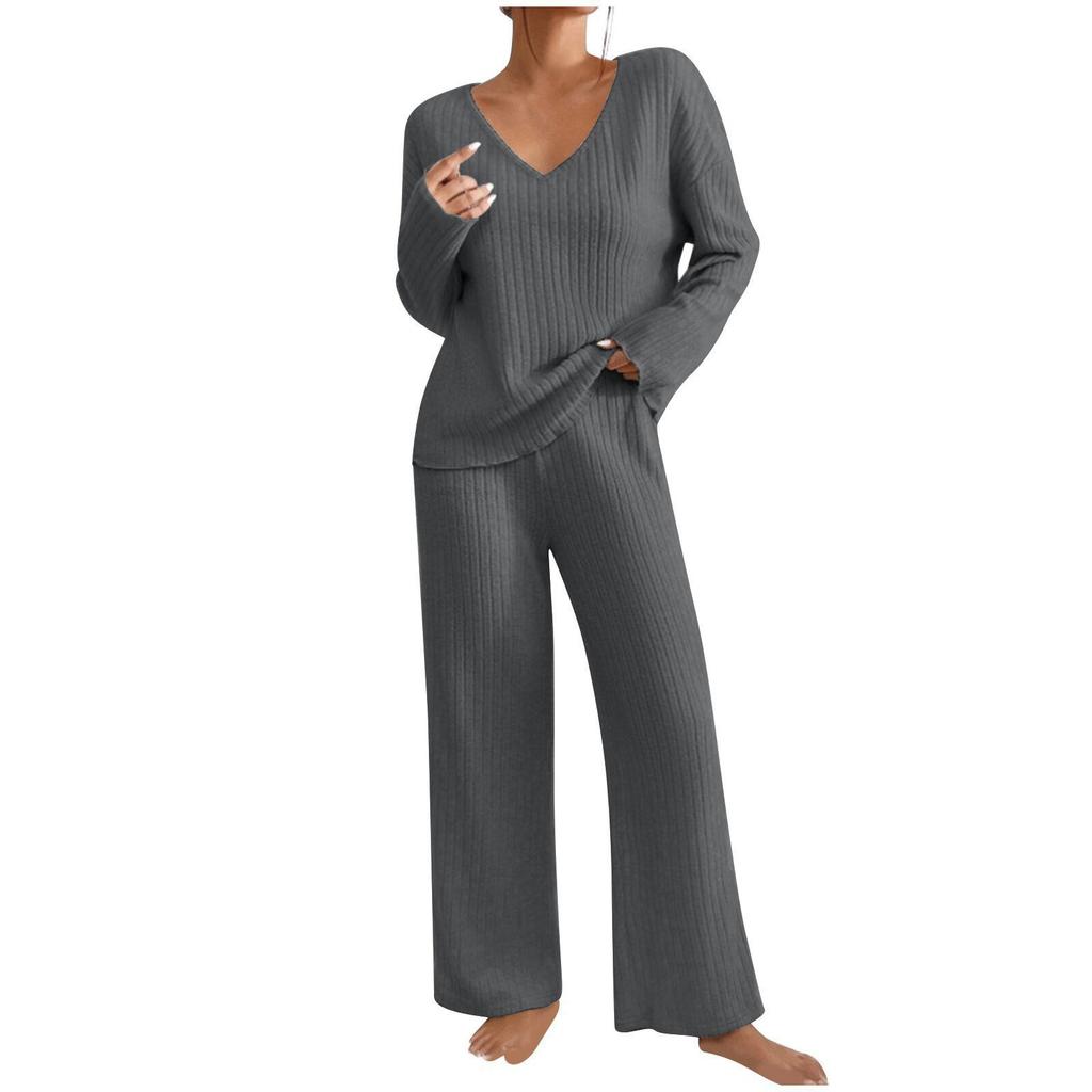Women's V Neck Long Sleeve Knit Set Wide Leg Pants Two Piece Outfit Multi Colors