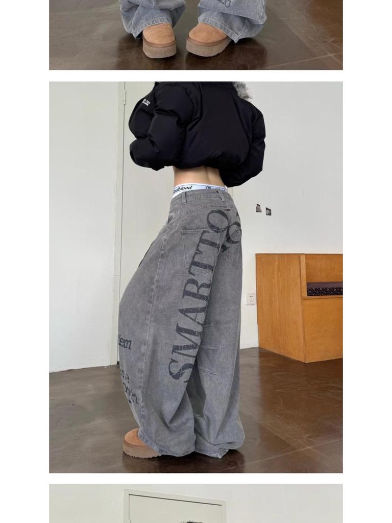 Vintage High Street Wide-Leg Jeans - Retro Washed, Letter Print, Loose Fit for Teens