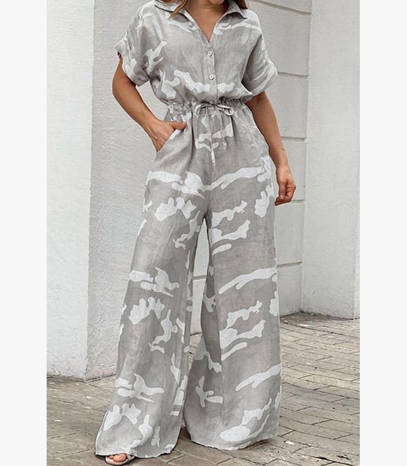 2026 Stylish European & American High-Waisted Grey Camo Wide-Leg Women’s Jumpsuit - Casual, Loose, Slimming Design Medium