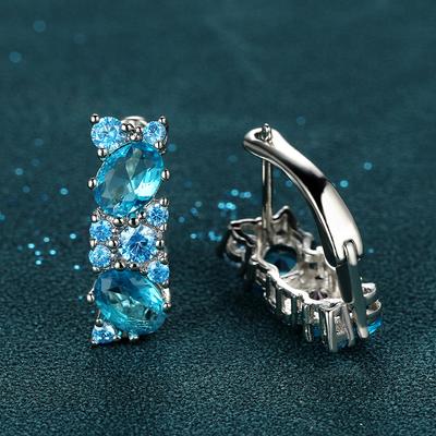 Geometry Female Silver Color Round Oval Cut Aqua Blue Stone Drop Earrings for Women CZ Ear Studs Anniversary Gift