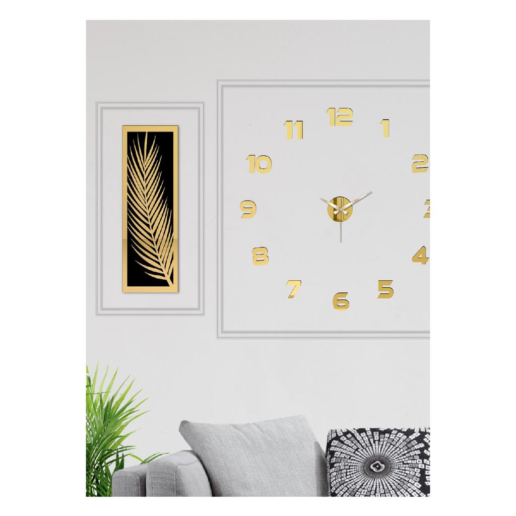 3 Piece Wall Clock Set, Acrylic Plexiglass Mirrored Palm Leaves And Roman R. Clock
