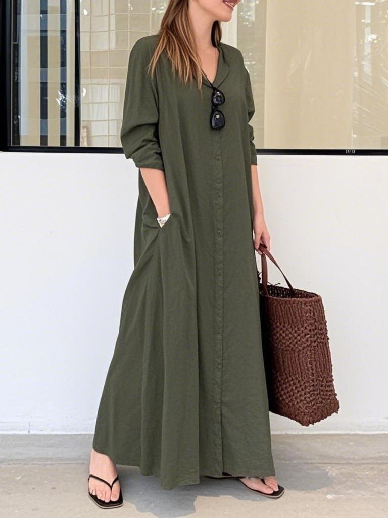 Women's Lapel Long Sleeve Plug Pocket Loose Casual Long Shirt Dresses