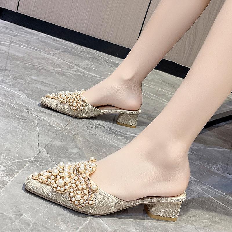 Luxury Pearl Ornaments Mules Slides Woman Elegant Point Toe Lace Sandals Ladies Chic String Bead Evening Party Flat Dress Shoes