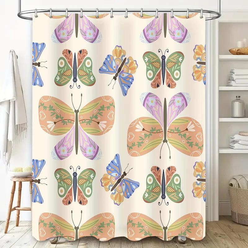 Butterfly Pattern Shower Curtain, Waterproof Fabric, Bathroom Decoration For Kids Bathrooms Peach Green Blue Purple Colorful But