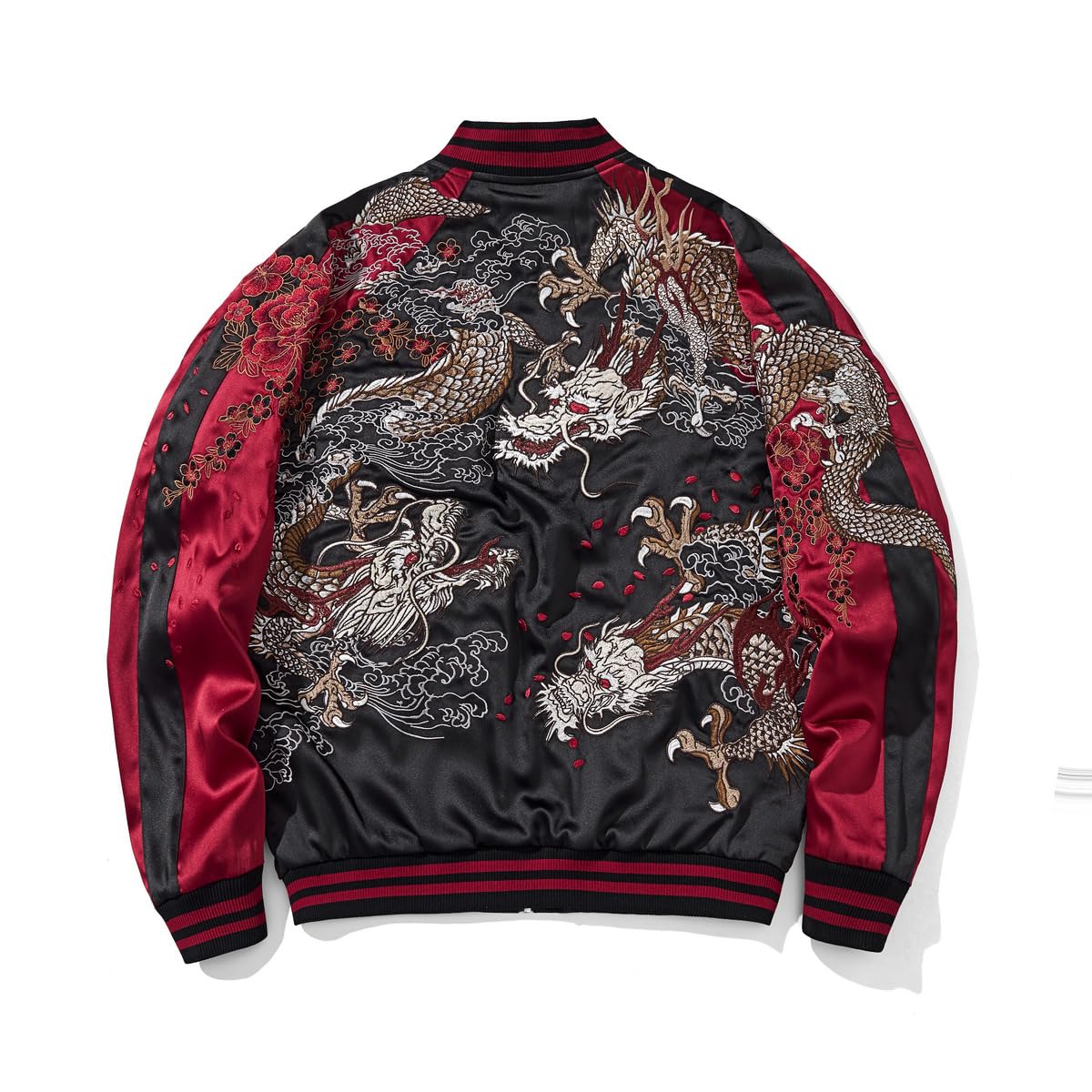 East Rain Sukajan Dragon and Peony Japanese Lightweight FUN226 Jacket, Red, Unisex, Embroidery, Pattern, Jacket, Gift, Men s,
