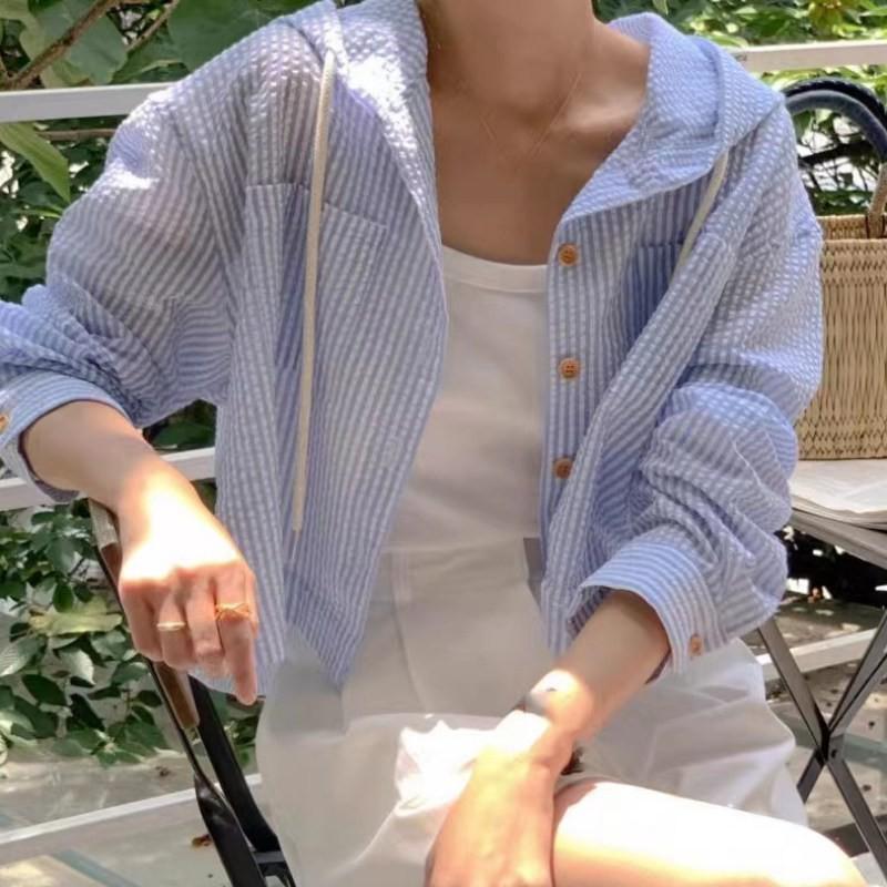 Women's Hooded Shirt Single Breasted Striped Sun Protection Cardigan Top