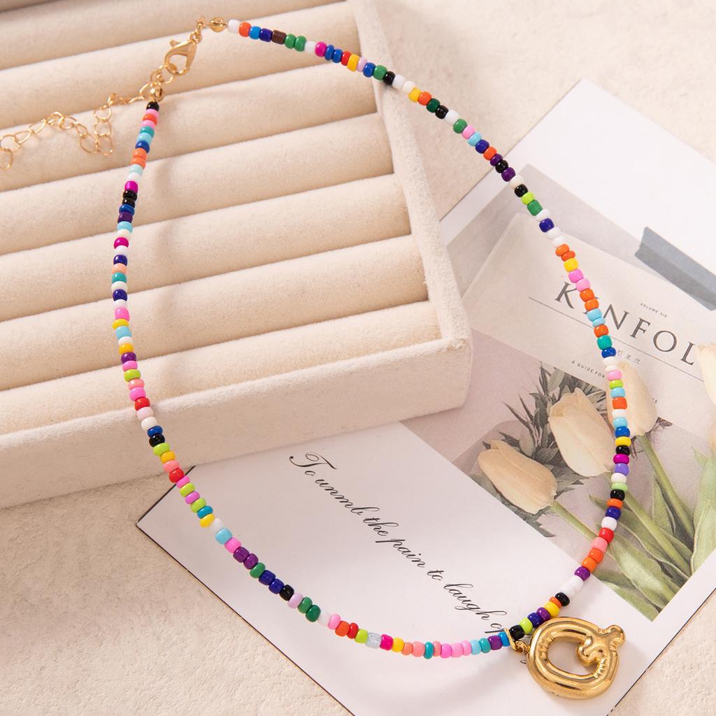 Bubble Alphabet Colored Rice Beads Handmade Beaded Delicate Beach Bohemian Necklace Collarbone Chain
