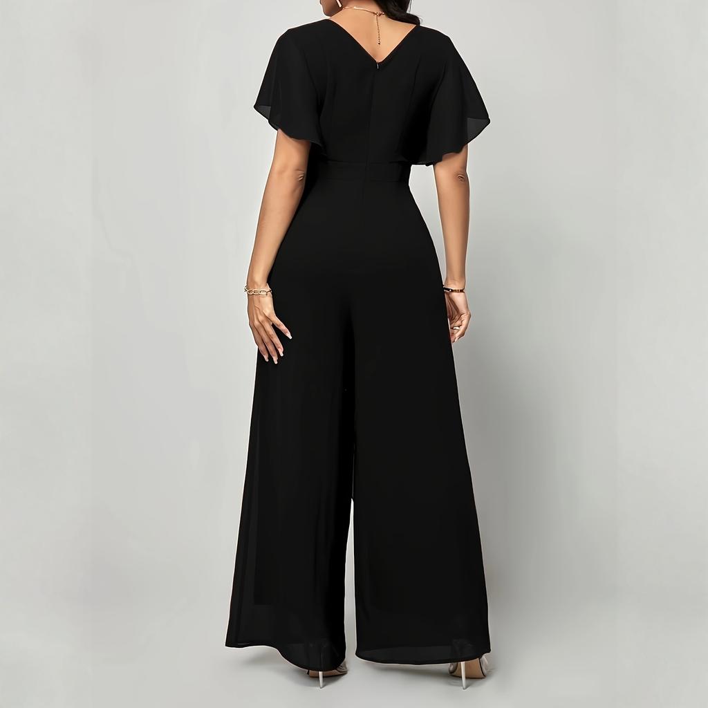 Macacão Feminino Decote V Cintura Marcada Fashion Calças de Perna Larga