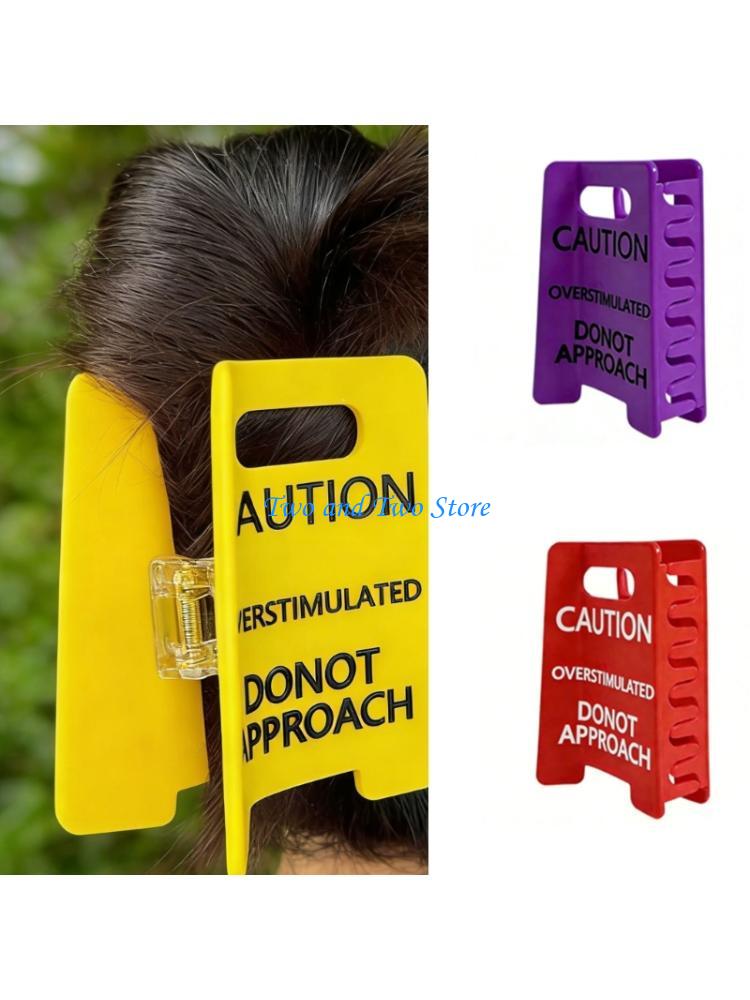 HX6F 2PC Popular Caution Sign Hair Claw Clip Overstimulated Design Ponytail Holder for Thick Curly Fine Hair with Strong Grip