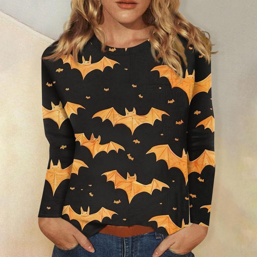 Fashionable 3D digital printed Halloween bat pattern women's round neck long sleeved T-shirt