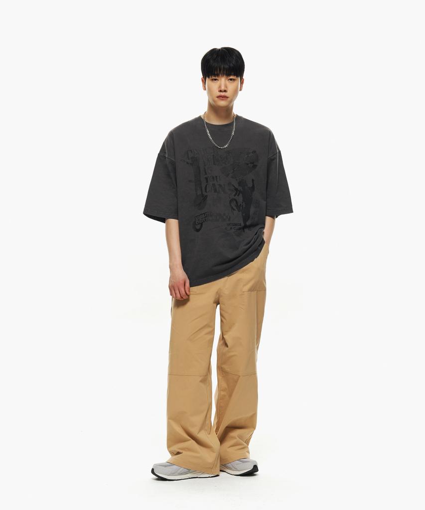 MOZMOZ Pigment Dancing Cat Oversized Short Sleeve T-Shirt Charcoal