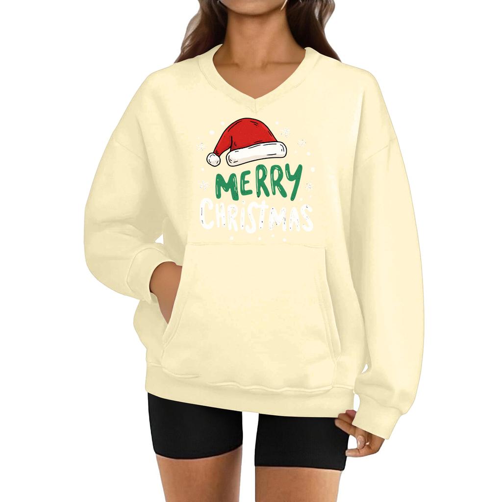 Damen Modisches Weihnachtsdruck Langarm V-Ausschnitt Sweatshirt