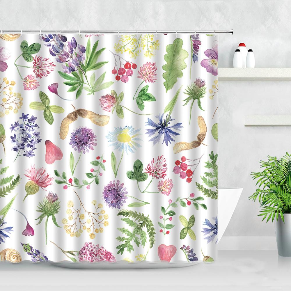 Butterfly Flower Shower Curtain Watercolor Plant Printed Bathroom Curtain Pretty Wildflower Pattern Bath Curtain with Hooks W90xH180cm(35x70 in)