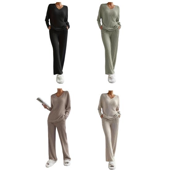 Damen Loungewear Set Geripptes Langarm-Oberteil und Weite Hose Passendes Pyjama-Set Lässige 2-teilige Outfits